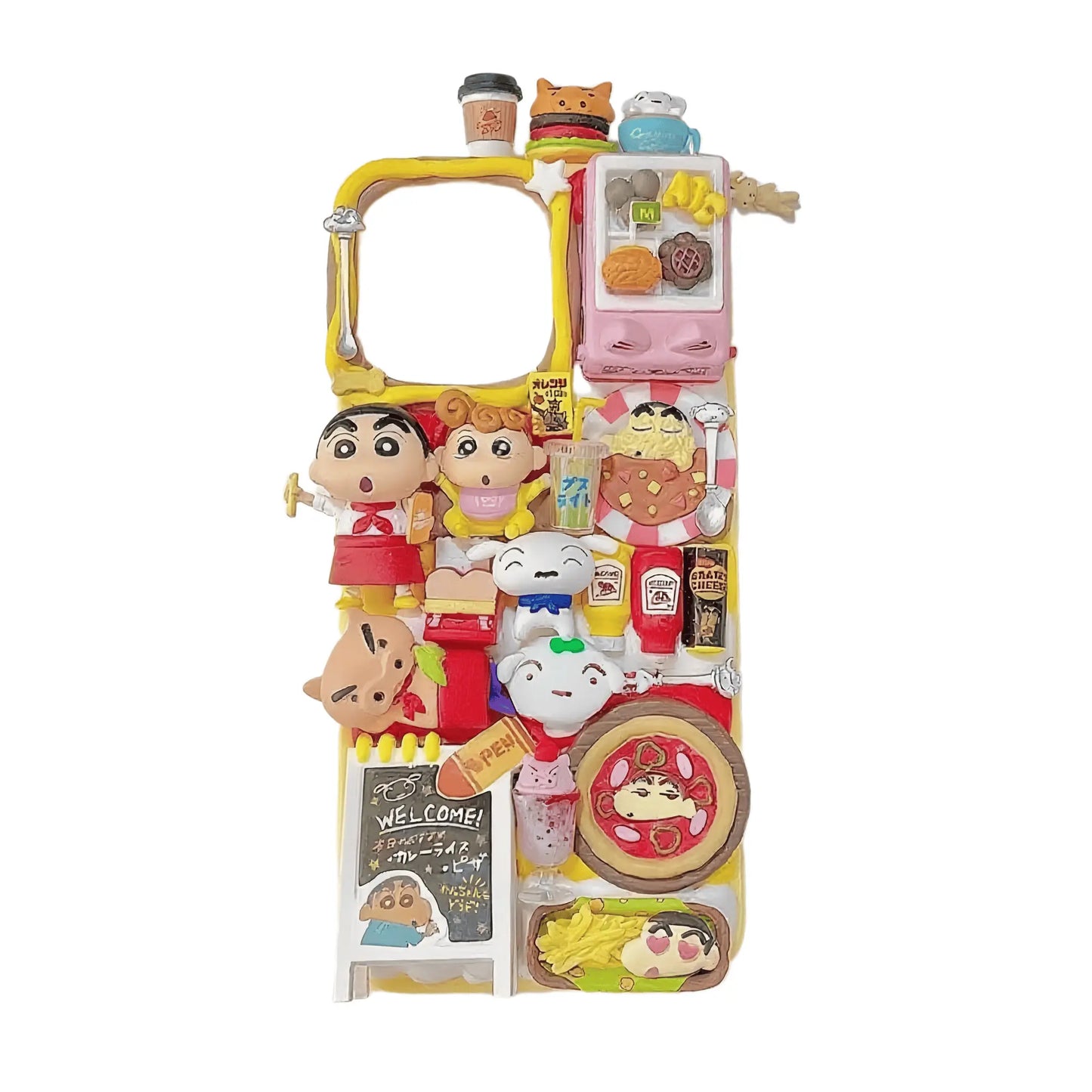 Limited edition handmade Crayon Shin-chan decoden phone case with kawaii cream glue design, featuring baroque-inspired embellishments and Y2K aesthetic