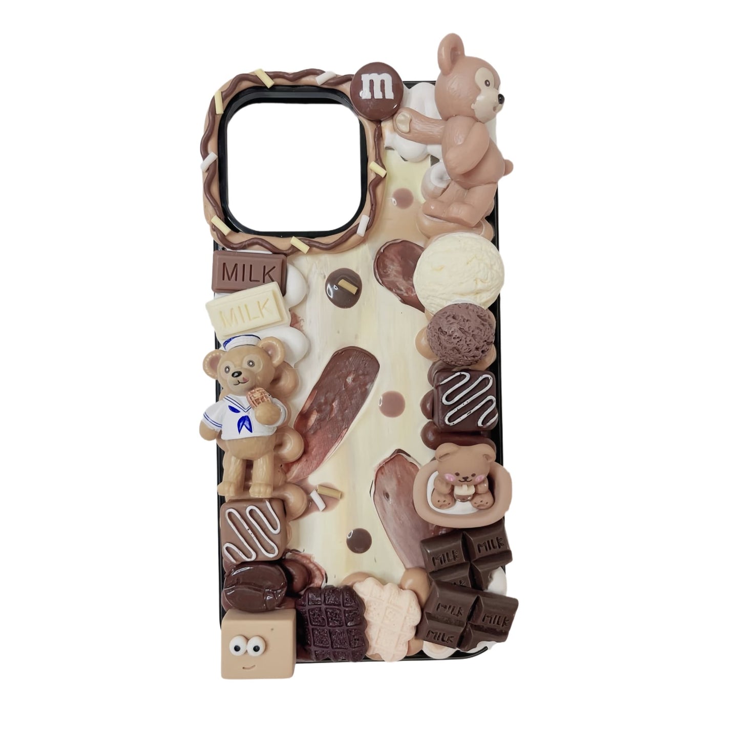 Handmade Duffy Bear decoden phone case with cream glue design, Baroque Y2K aesthetic, luxury artisanal craftsmanship