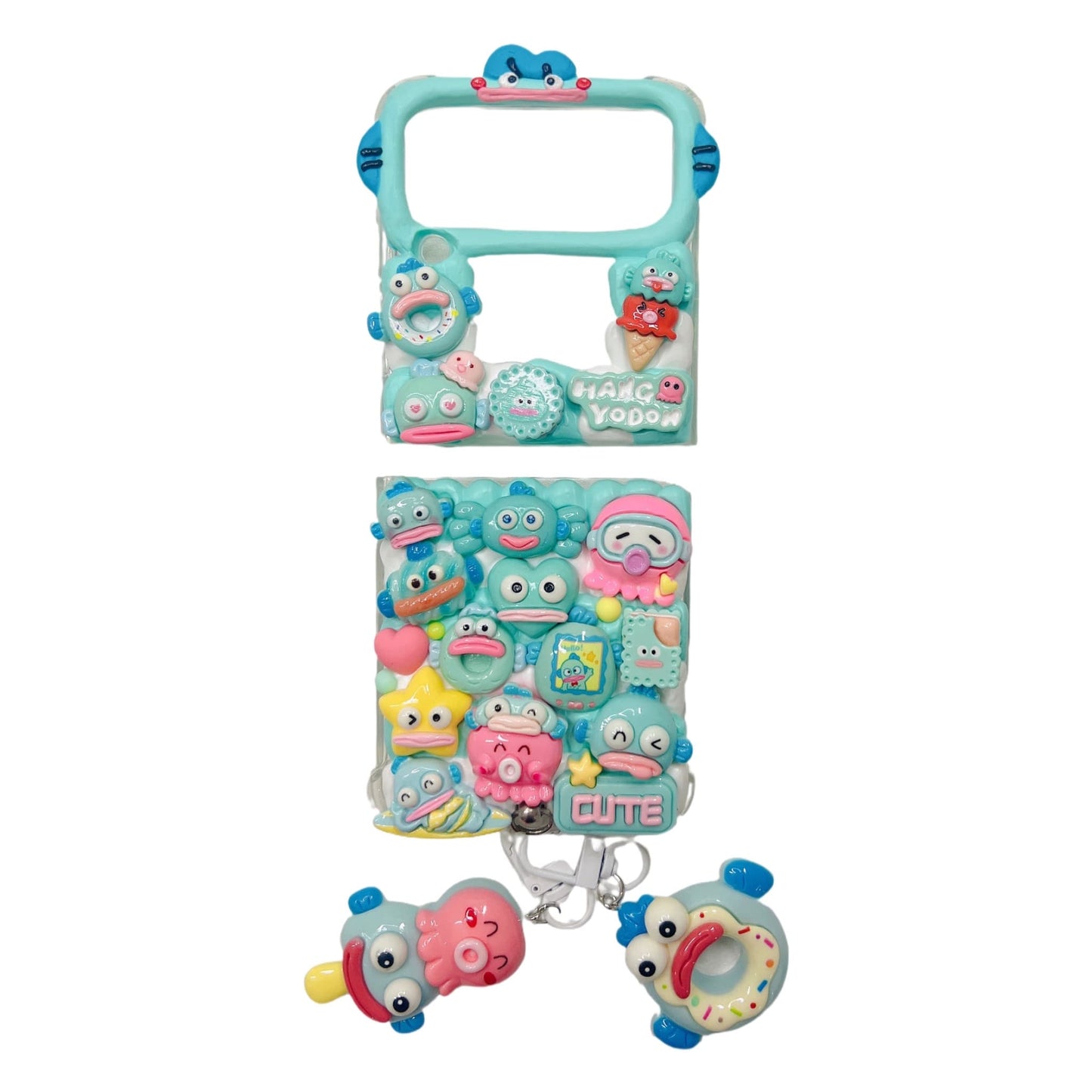 Handmade Sanrio Hangyodon decoden phone case with kawaii blue cream glue design and fish charms