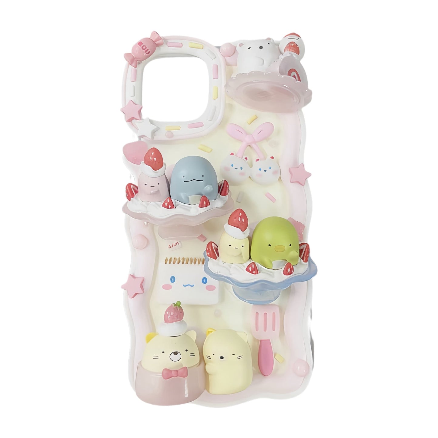 Handmade decoden phone case featuring Sumikko Gurashi characters with cream glue design, baroque embellishments and kawaii Y2K aesthetic