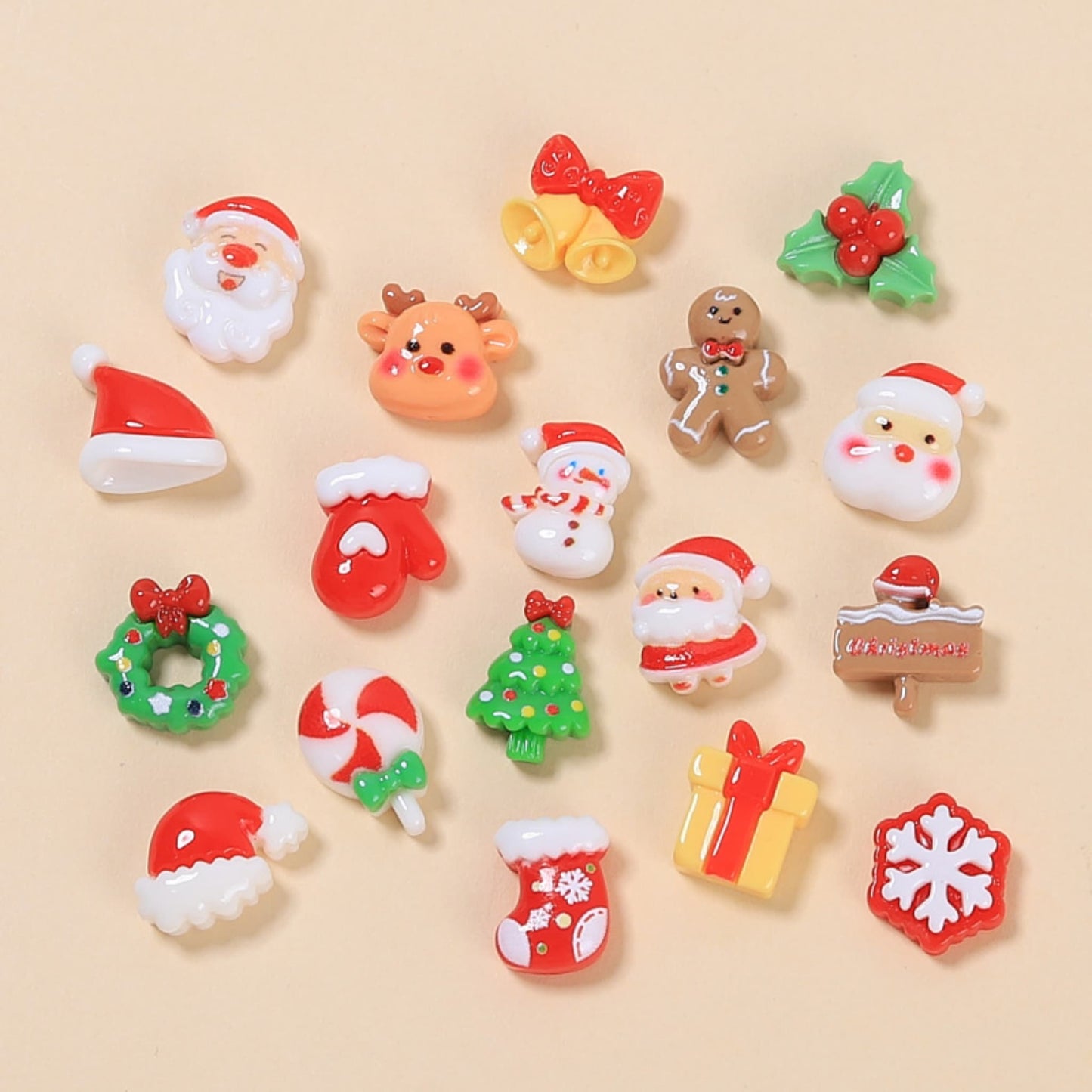 Miniature Christmas-themed resin embellishments in vibrant multicolor, 1-2cm size, perfect for decoden and handmade accessories