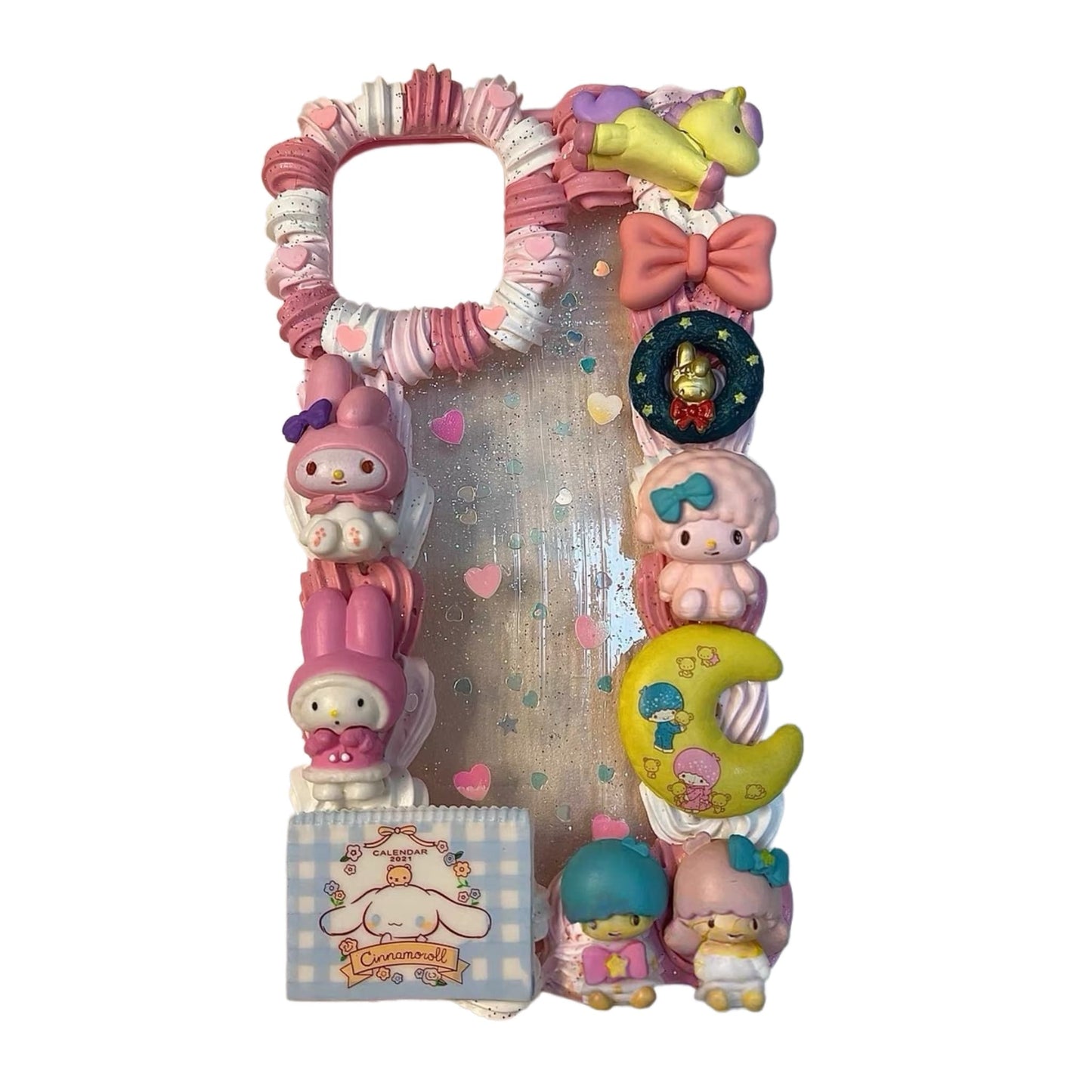 Custom pink decoden phone case with 3D Sanrio charms, pearls, and kawaii baroque decorations