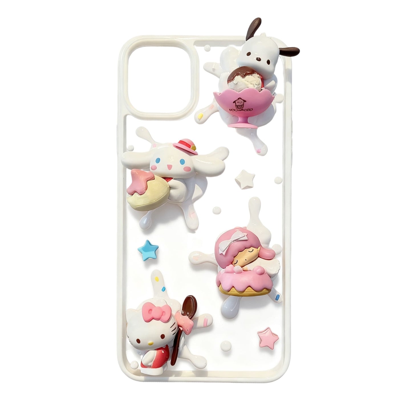 Handmade bling decoden phone case featuring 3D Sanrio characters with sparkling cream glue embellishments and rhinestone details