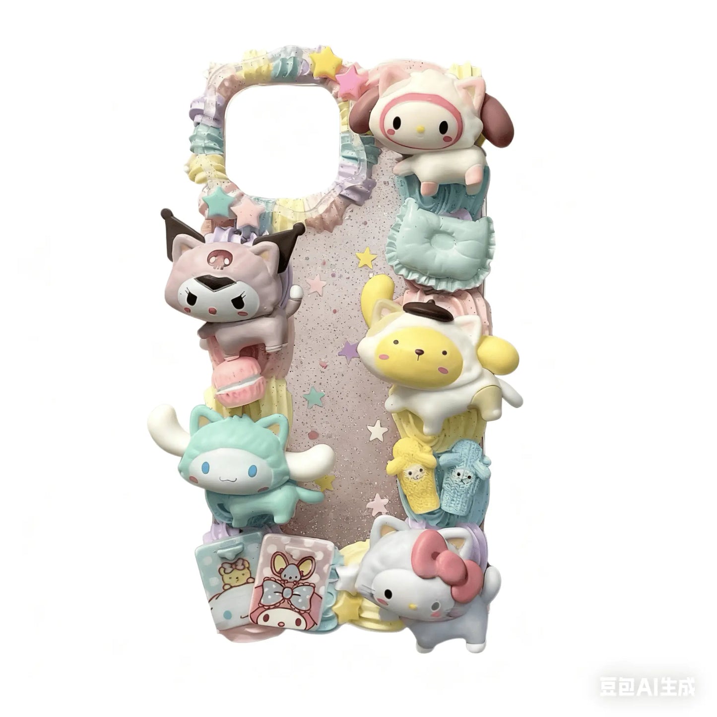 Custom decoden phone case with 3D cream texture featuring Sanrio characters and colorful kawaii embellishments