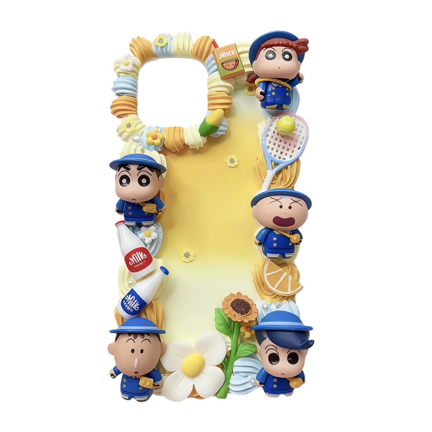 Handmade kawaii Crayon Shin-chan decoden phone case with cream glue design, featuring baroque-inspired embellishments and Y2K aesthetic