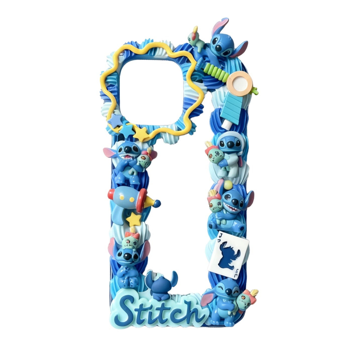 Handmade kawaii Stitch decoden phone case with cream glue design, featuring baroque-inspired pearls and Y2K aesthetic