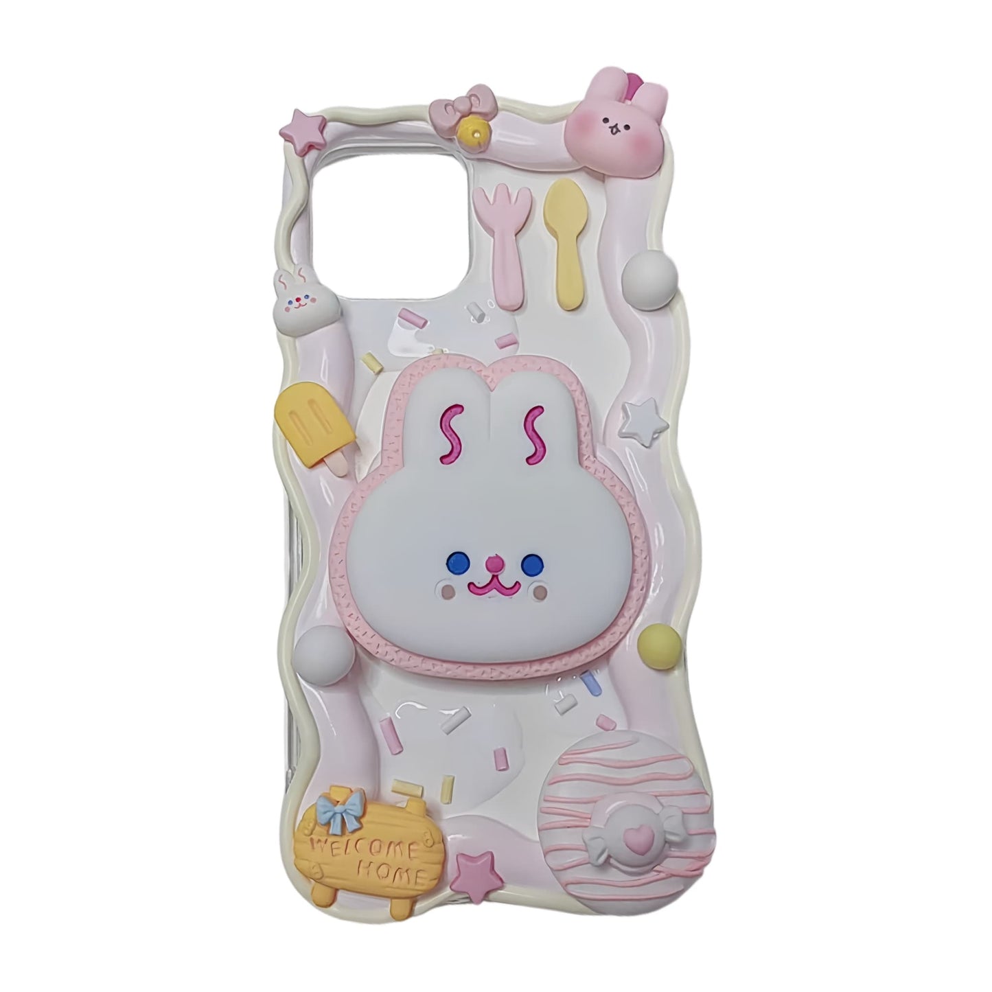 Handmade decoden phone case featuring rabbit cream glue design with Baroque and Y2K aesthetic elements