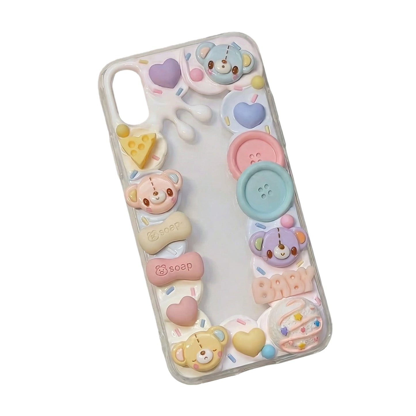 Handmade kawaii bear decoden phone case with pink cream glue design and cute charms