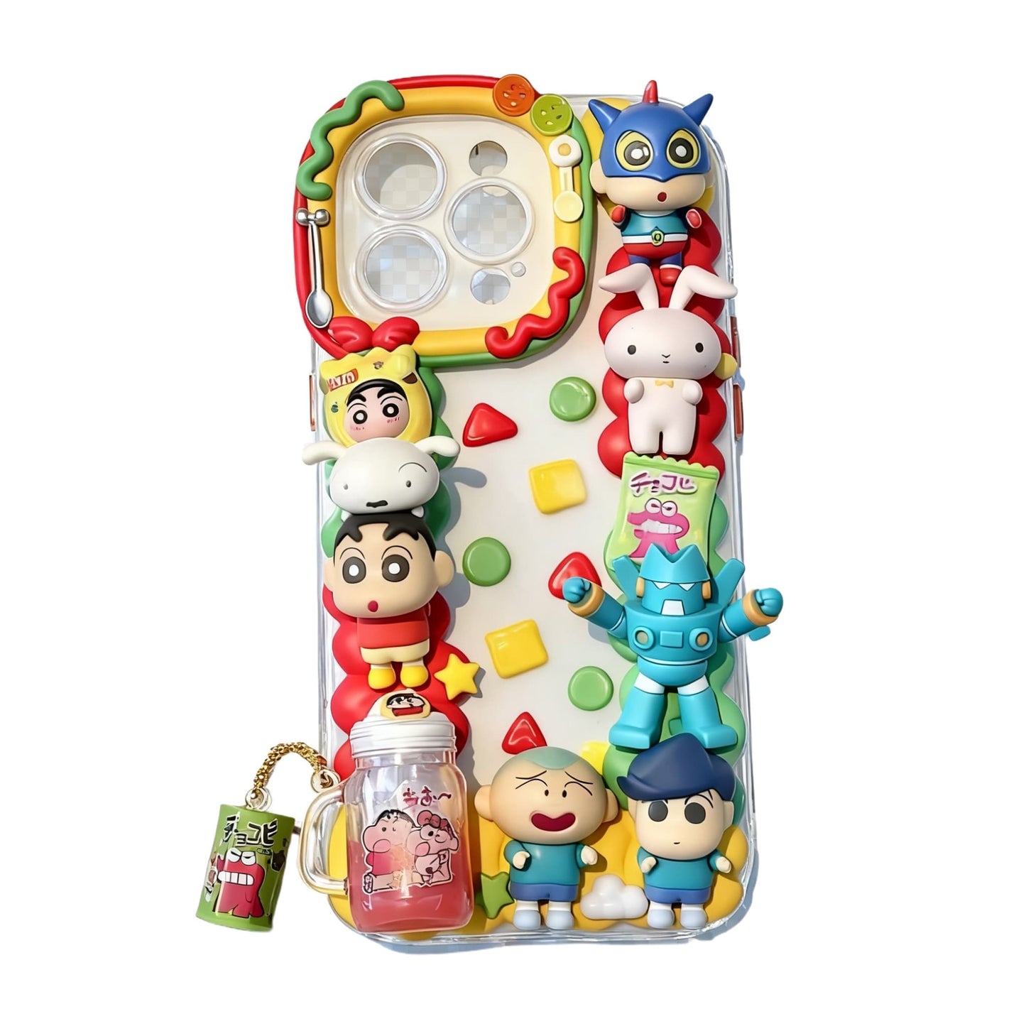 Handmade kawaii Crayon Shin-chan decoden phone case with cream glue design, featuring baroque-inspired pearls and Y2K aesthetic embellishments