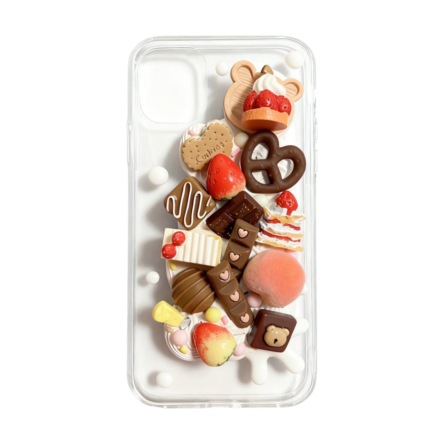 Handmade chocolate dessert decoden phone case with cream glue design, featuring baroque-inspired kawaii embellishments and sweet treats decorations