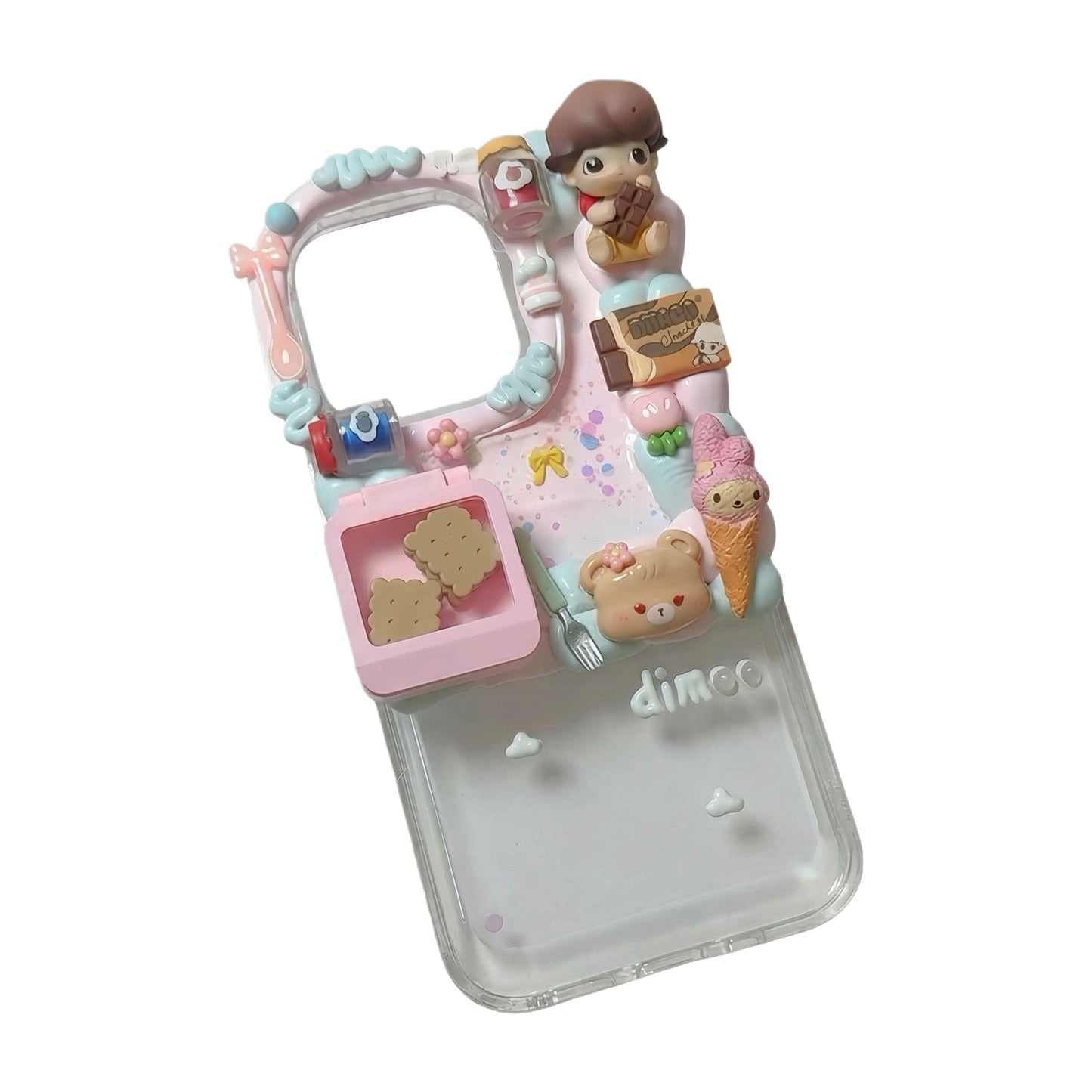 Handmade Y2K Dimoo decoden phone case with kawaii cream glue design and colorful charms