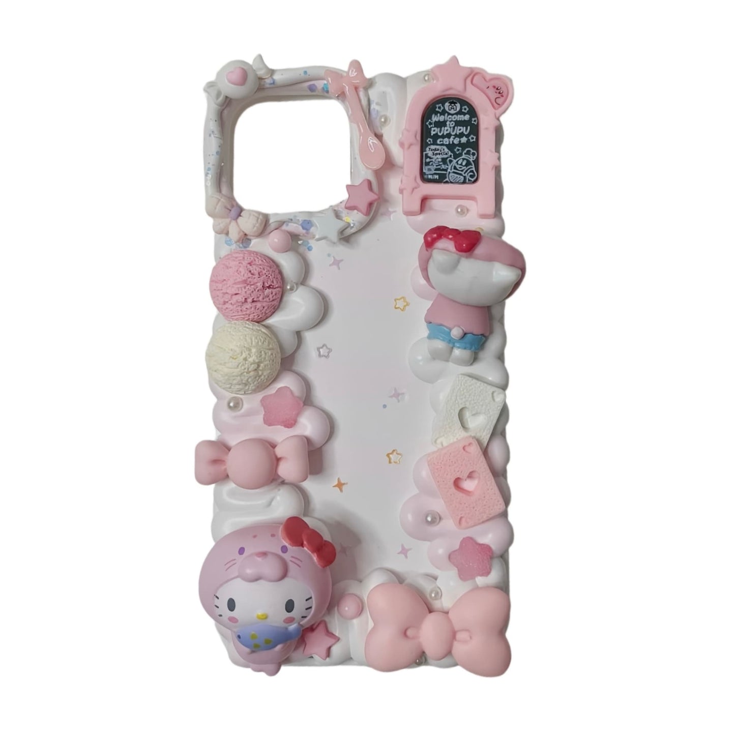 Handmade Sanrio Hello Kitty decoden phone case with kawaii cream glue design and pink charms