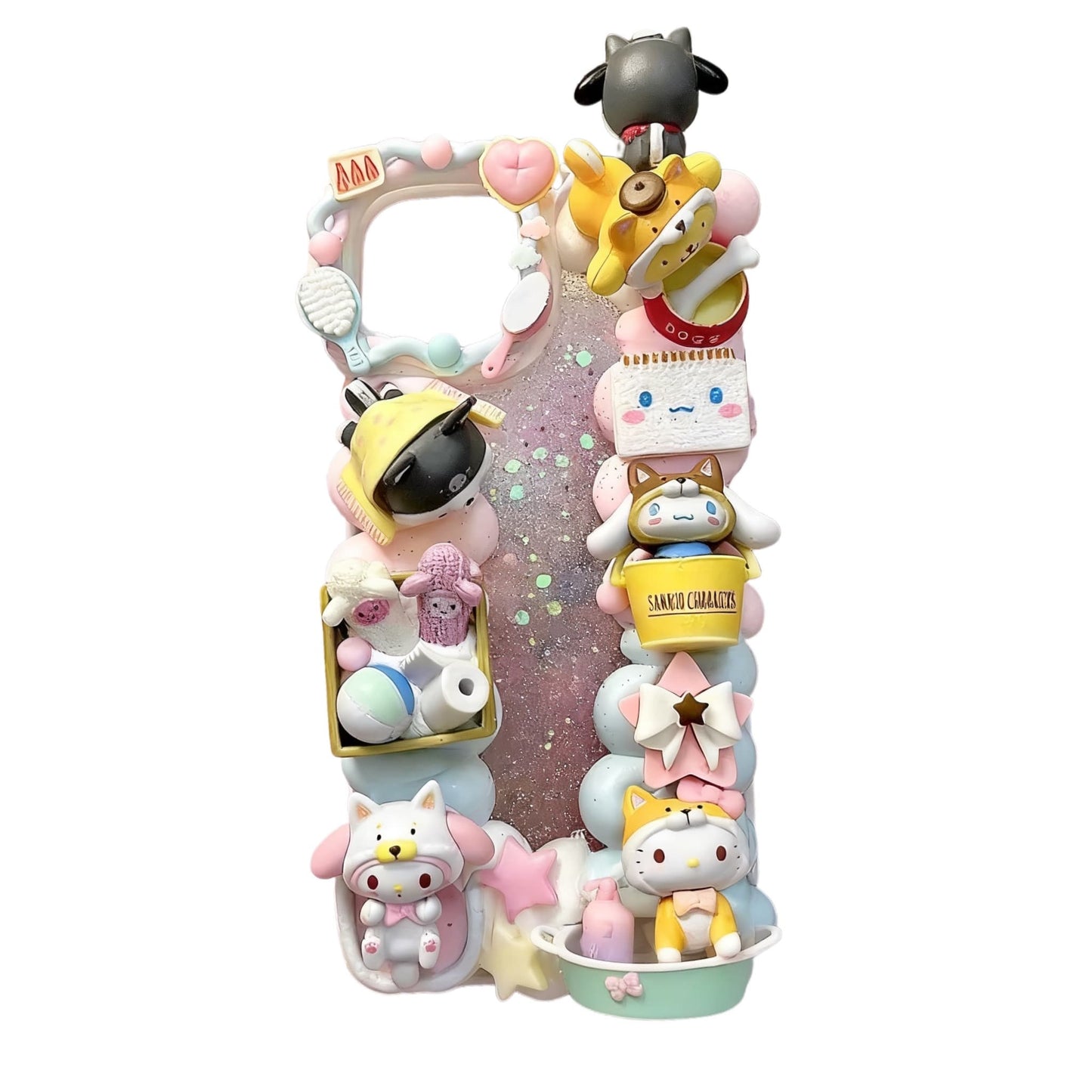 kawaii Sanrio decoden phone case showing handmade 3D elements, cream glue texture, and spa-inspired pastel decorations