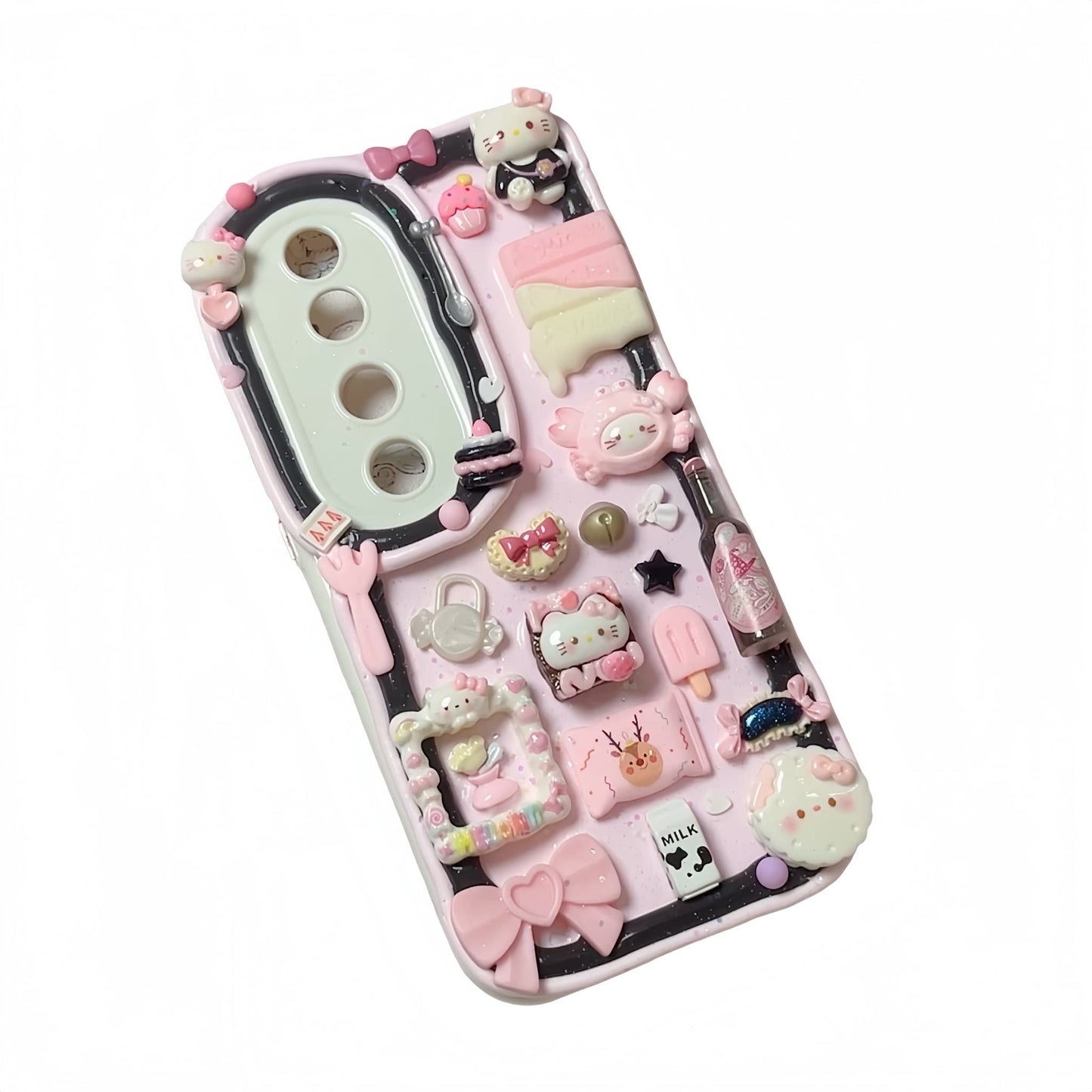 Handmade pink decoden phone case featuring Sanrio Hello Kitty with cream glue design and kawaii charms