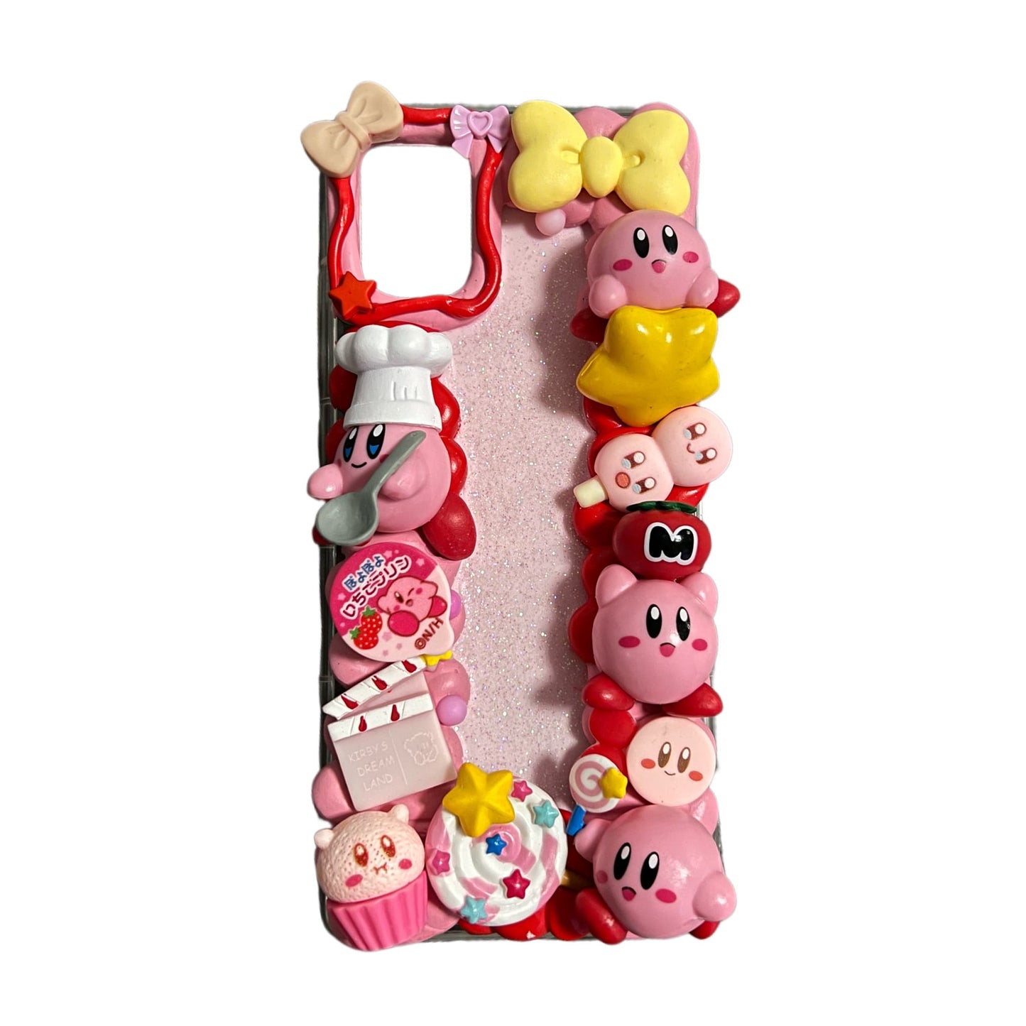 Custom Kirby decoden phone case featuring red cream glue decoration, handcrafted 3D design, luxury kawaii style