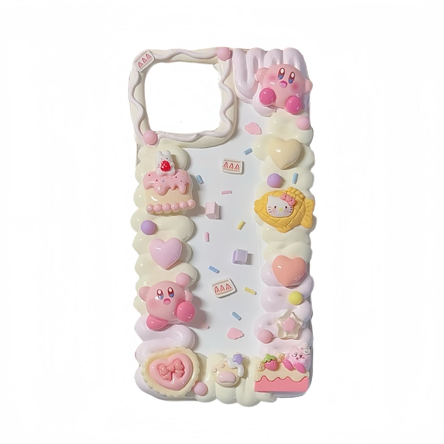 Kirby decoden phone case with yellow cream glue accents, handcrafted 3D design, luxury kawaii style