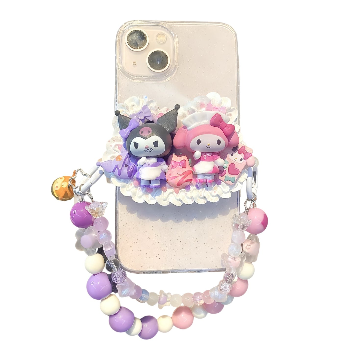 Handmade Decoden Phone Back Clip featuring My Melody and Kuromi characters in Y2K Baroque style with pink and purple pearls, rhinestones and whipped cream details - luxury phone grip and kickstand