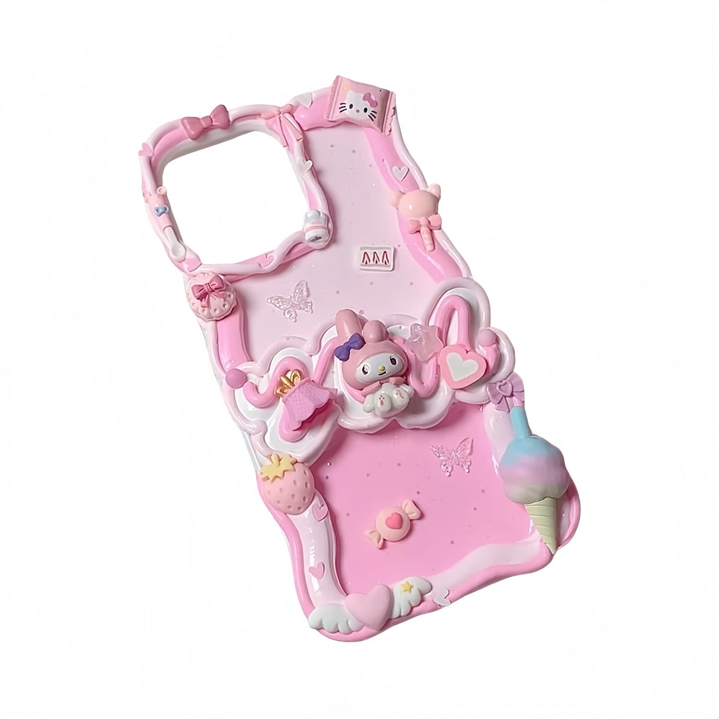 Handmade Sanrio My Melody phone case showcasing cream glue decoden art technique with decorative elements