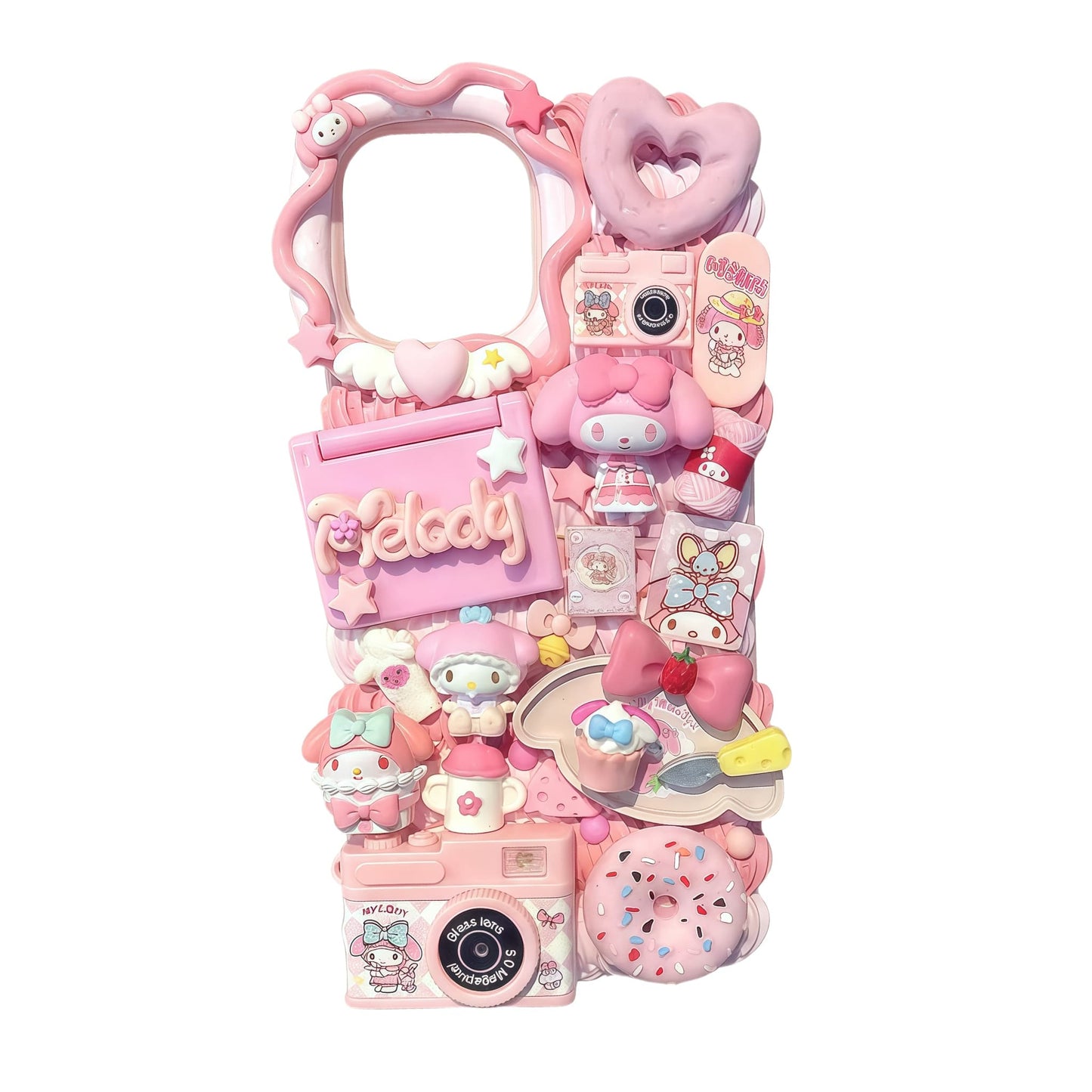 Pink My Melody decoden phone case with whipped cream texture and kawaii decorative elements