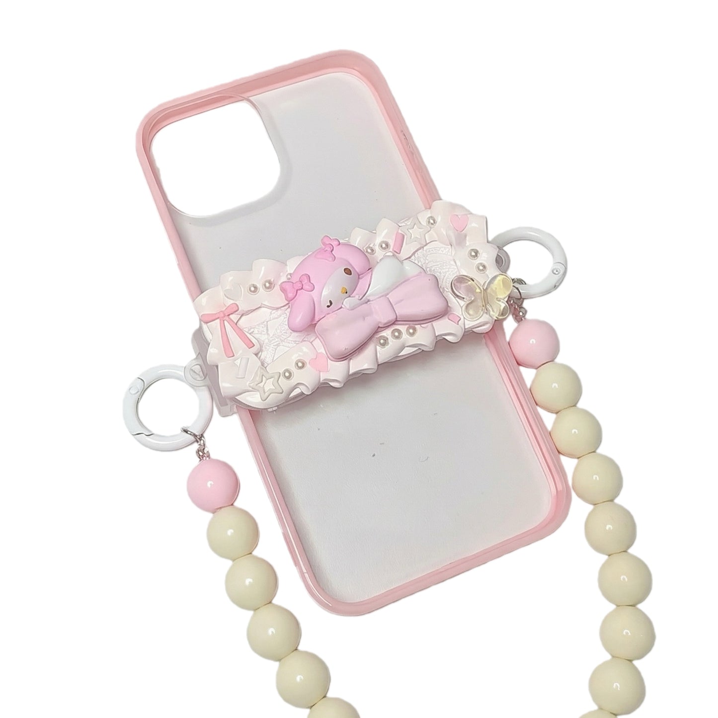 Handmade decoden phone back clip featuring kawaii My Melody character with baroque pearls and rhinestone embellishments in pink and white Y2K aesthetic design