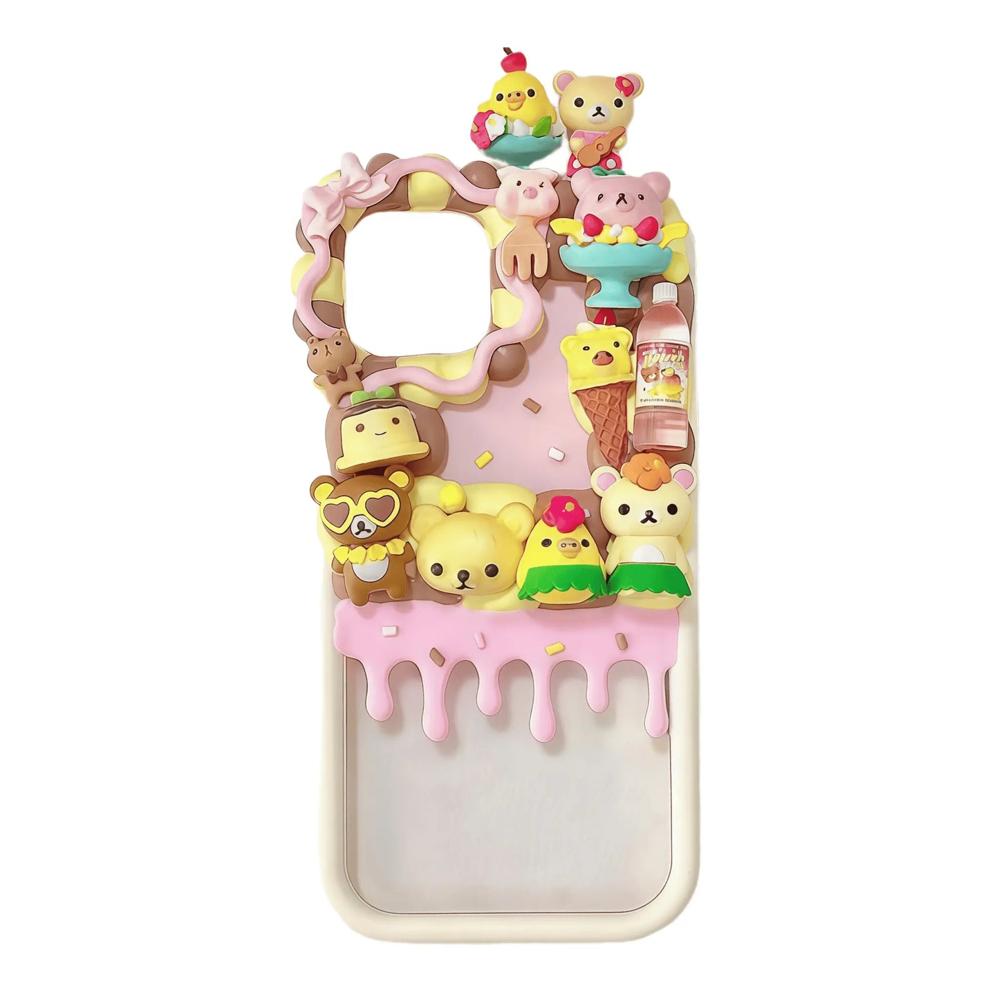 Pink Rilakkuma decoden phone case with handmade kawaii cream glue design, baroque accents and Y2K aesthetic decoration
