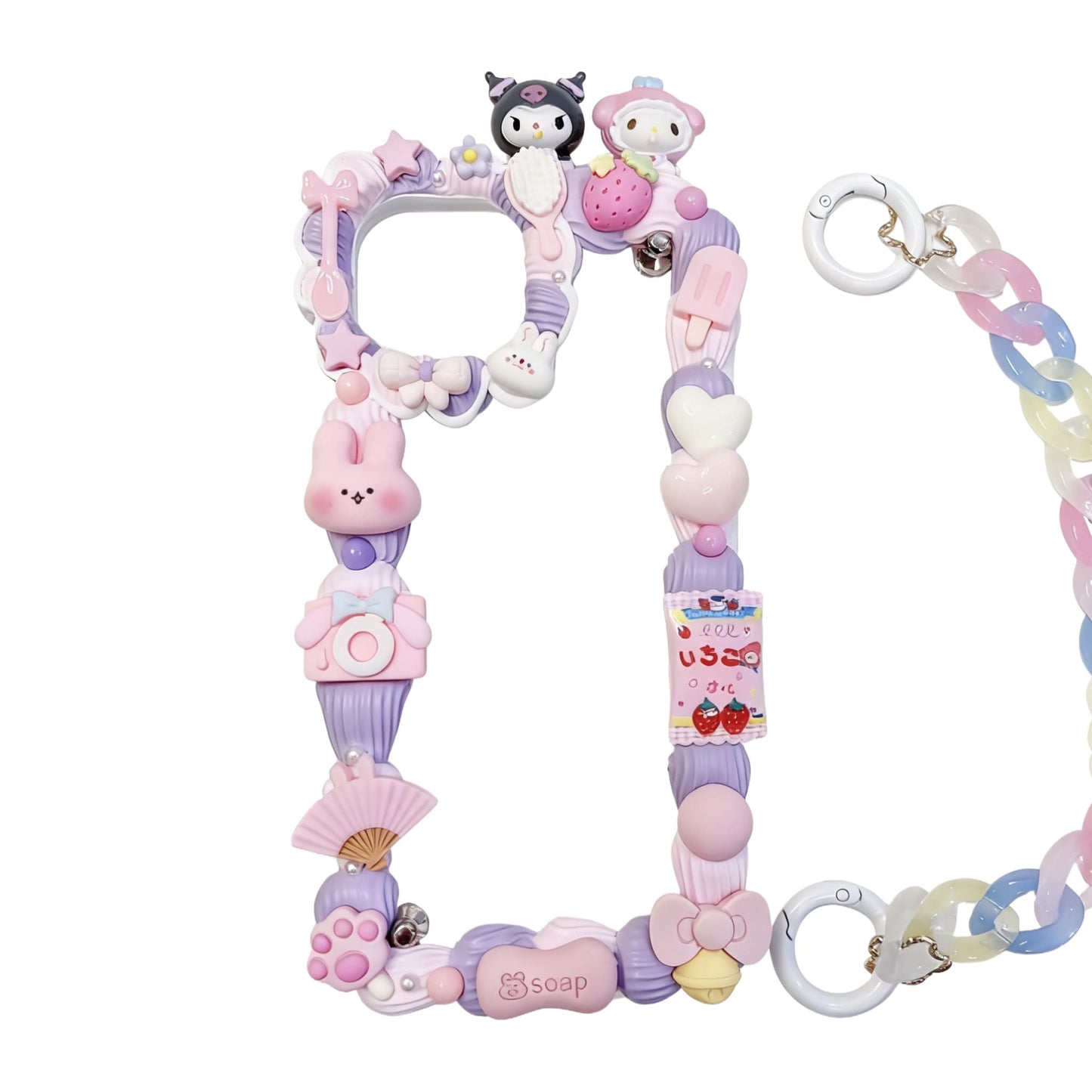 Handmade pink Sanrio decoden phone case with Y2K aesthetic, 3D cream glue design, and kawaii baroque character embellishments