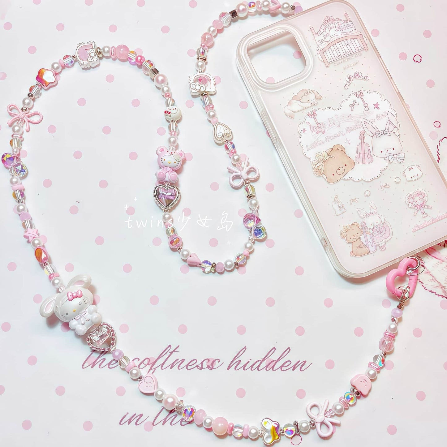 Handmade Hello Kitty phone chain lanyard with fade-resistant beads