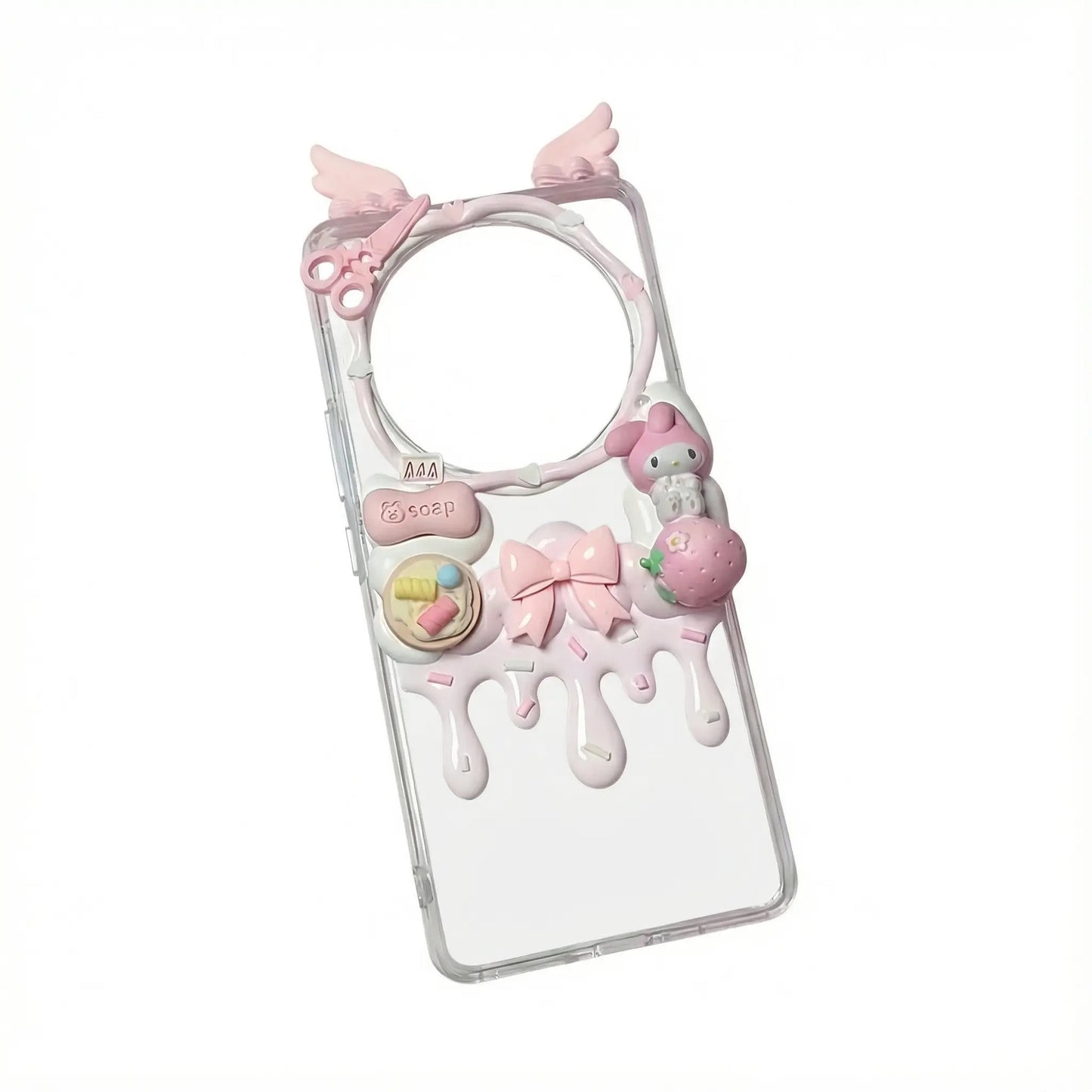 Pink kawaii decoden phone case with angel wings, My Melody charm, and handmade baroque details