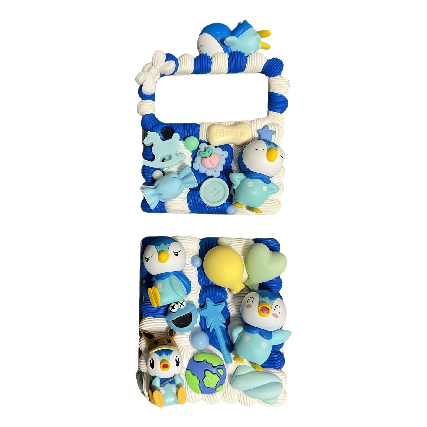 Handmade decoden phone case featuring Pokémon Piplup character with cream glue design, baroque-inspired embellishments, and Y2K aesthetic details