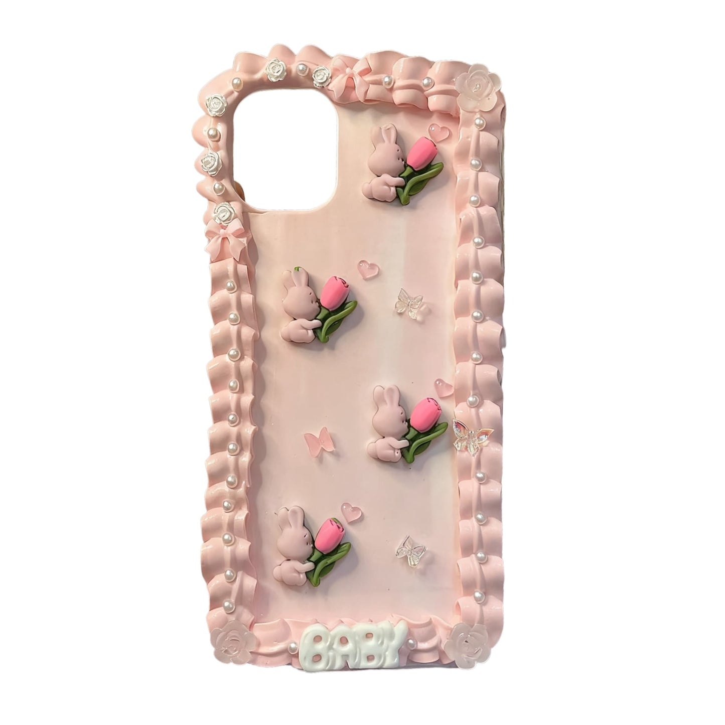Handmade decoden phone case featuring rabbit character with cream glue design in coquette style, luxury Y2K aesthetic