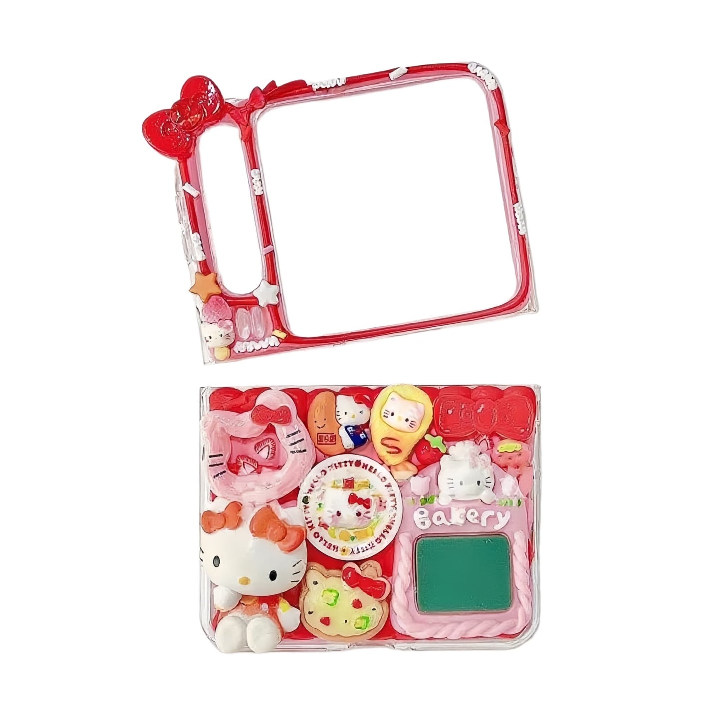 Handmade red decoden phone case featuring Sanrio Hello Kitty with cream glue design and baroque pearls