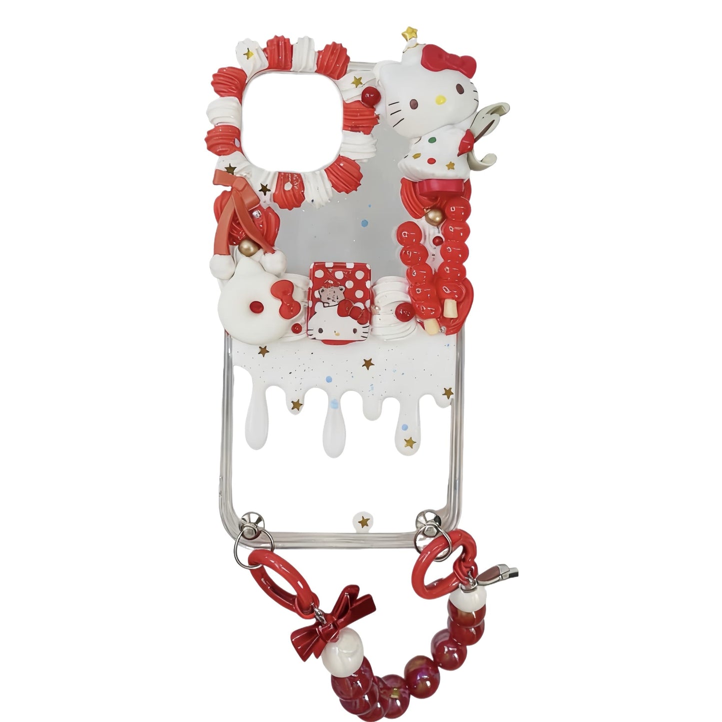 Handmade red decoden phone case featuring Sanrio Hello Kitty with cream glue design and kawaii charms