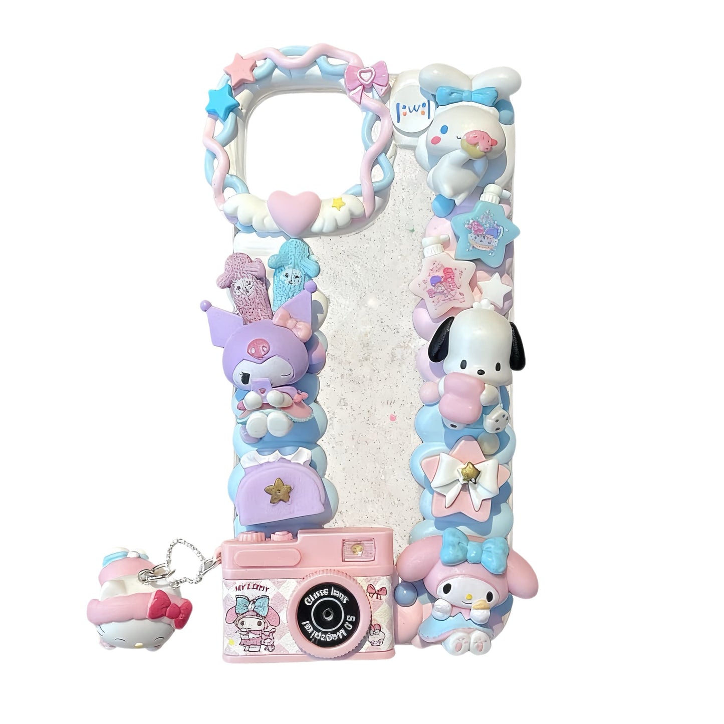 Handmade baroque decoden phone case with Sanrio characters in blue cream glue design and kawaii embellishment