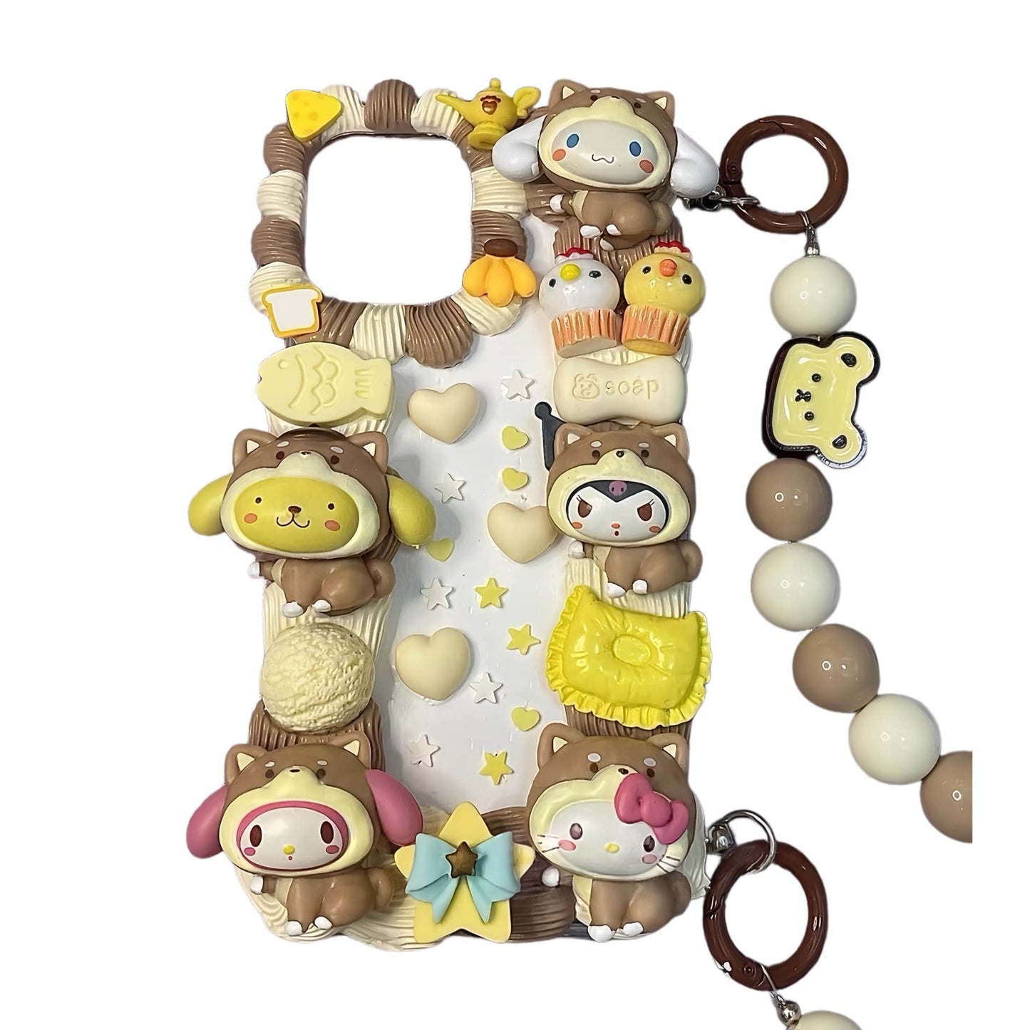 Handmade baroque decoden phone case with brown cream glue design, featuring Sanrio-inspired kawaii characters and luxurious pearl embellishments