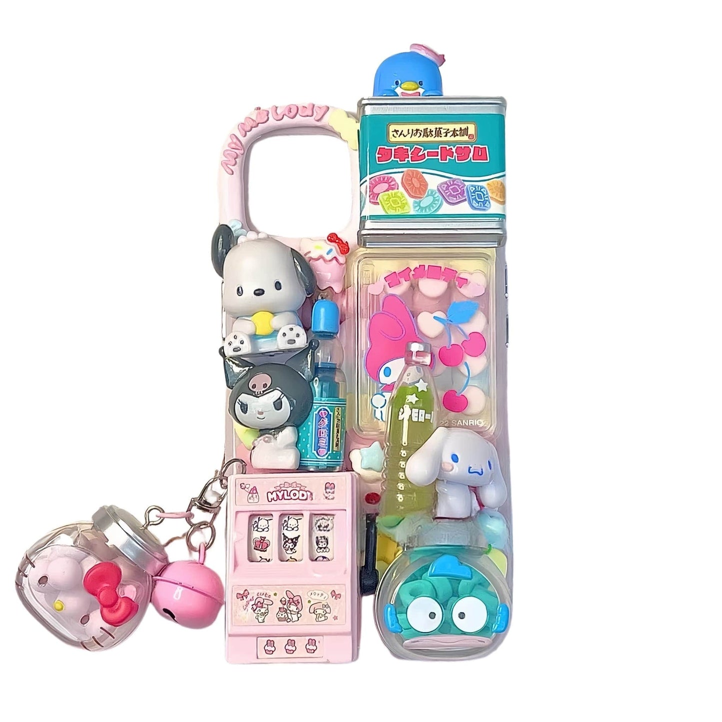 Handmade custom decoden phone case with Sanrio-inspired characters and cream glue kawaii embellishments