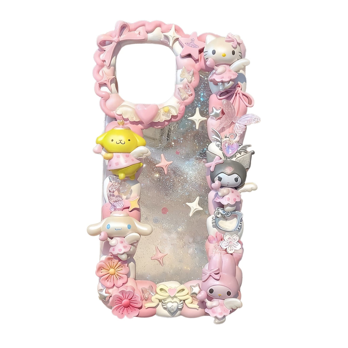 Handmade Sanrio-inspired decoden phone case with pink cream glue design, baroque pearls and Y2K aesthetic embellishments
