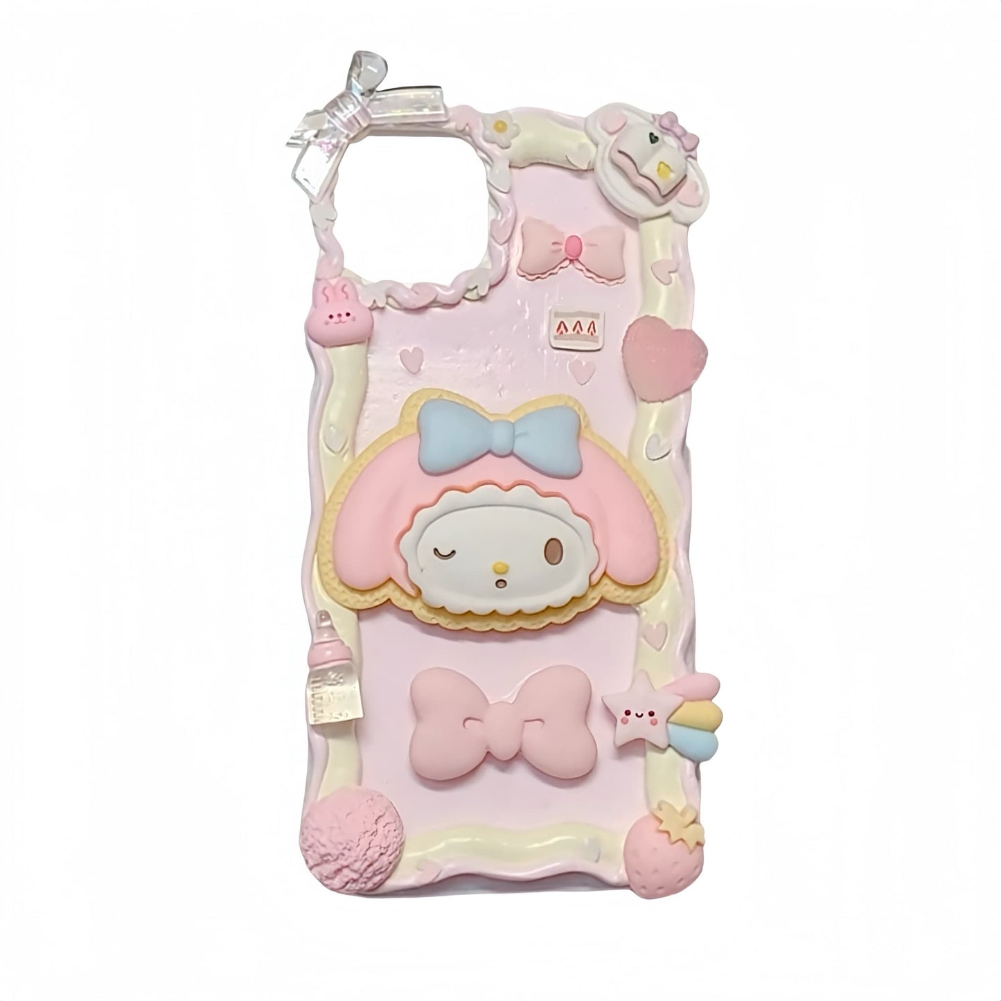 Handmade Sanrio My Melody decoden phone case with DIY cream glue design, pink pearls and kawaii bow decorations