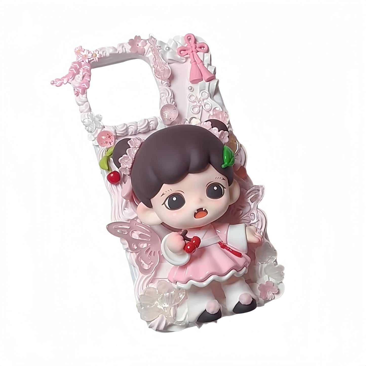 Close-up of Y2K Zoraa decoden phone case showing detailed baroque cream glue craftsmanship