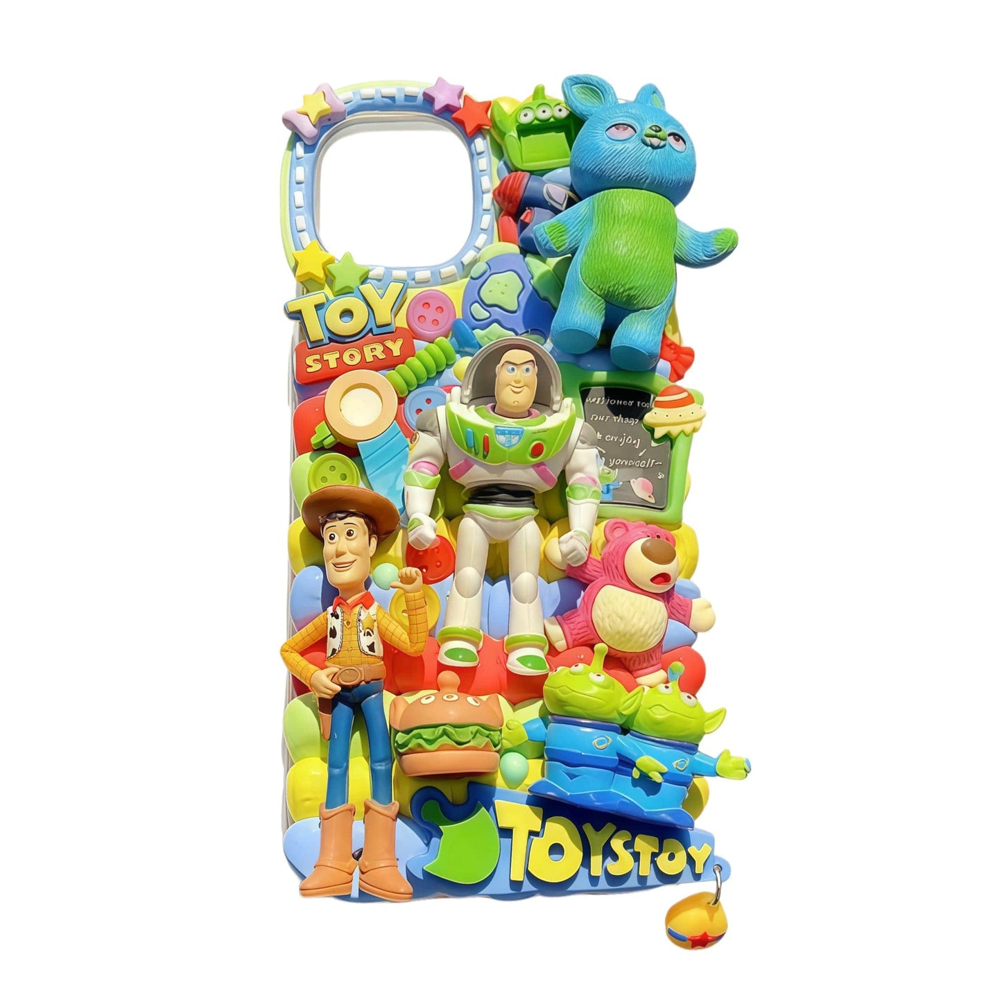 Handmade Toy Story themed decoden phone case featuring unique cream glue application and Y2K Baroque styling