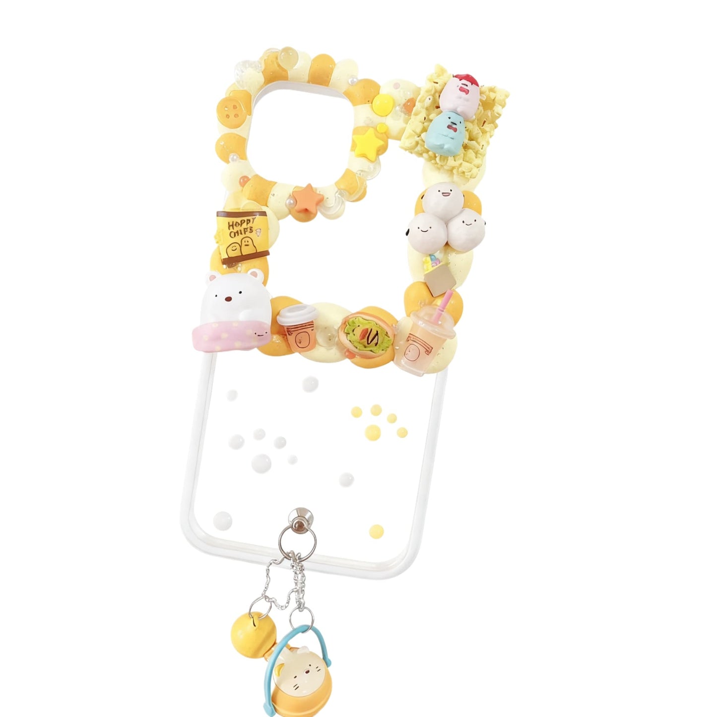 Handmade yellow decoden phone case featuring Sumikko Gurashi characters with cream glue design, baroque embellishments and kawaii Y2K aesthetic