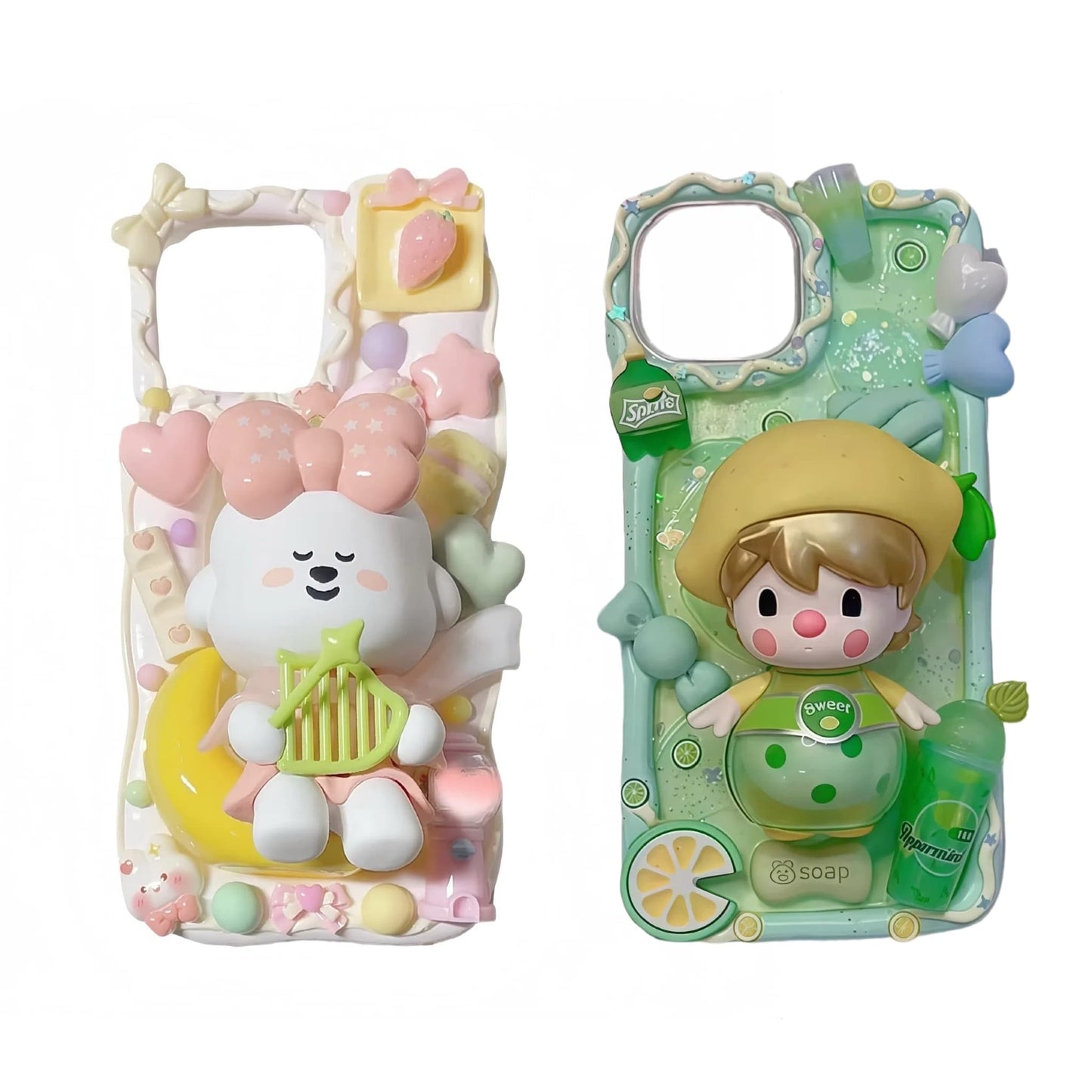 Close-up of handmade decoden phone case showing intricate cream glue design with kawaii elements and shockproof protective features