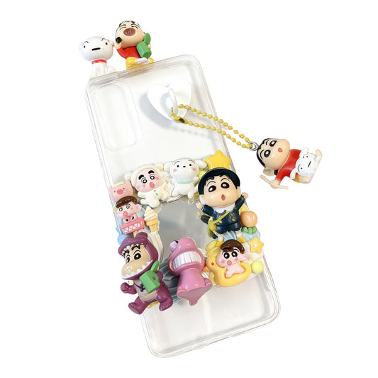 Kawaii Crayon Shin-chan handmade decoden phone case with custom cream glue design, Baroque Y2K aesthetic