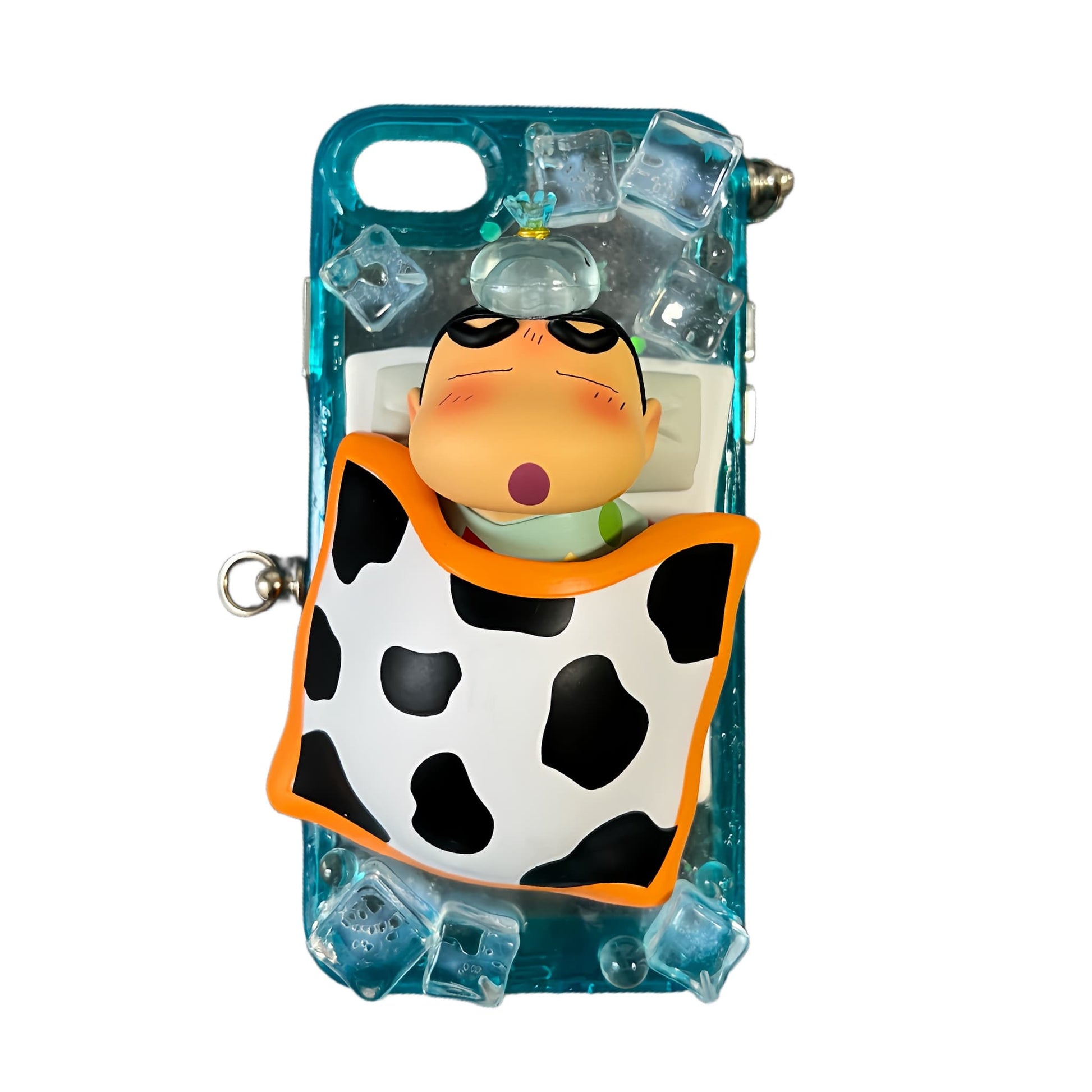 Handmade Crayon Shin-chan decoden phone case in blue, custom cream glue design with Baroque Y2K aesthetic