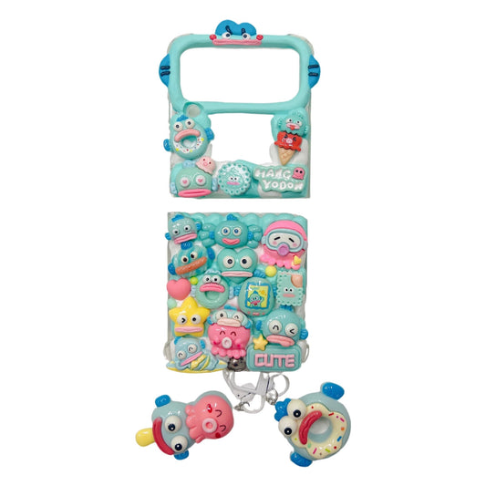 Handmade Sanrio Hangyodon decoden phone case with kawaii blue cream glue design and fish charms