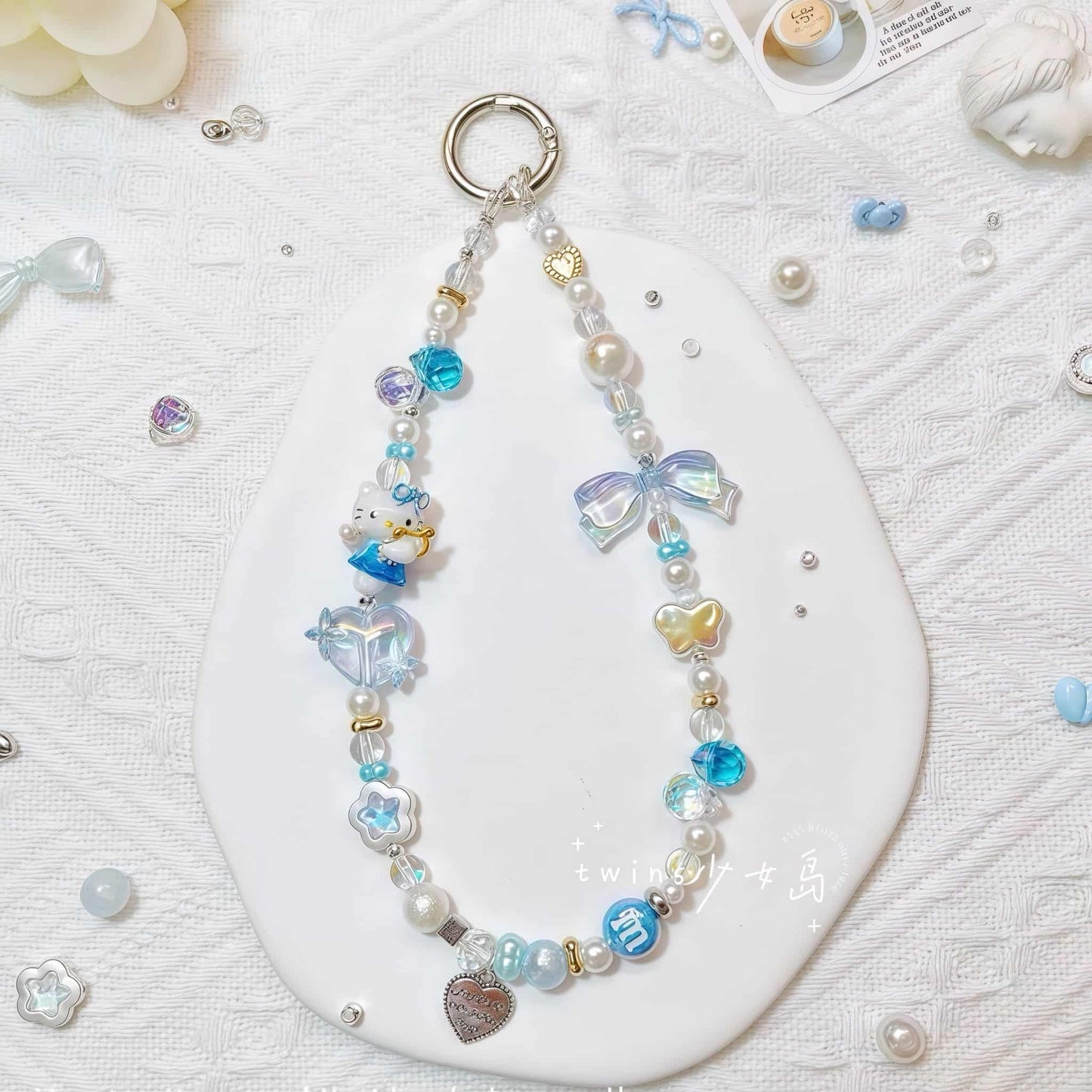 Hello Kitty handmade keychain with crystal beads and pearl pendant