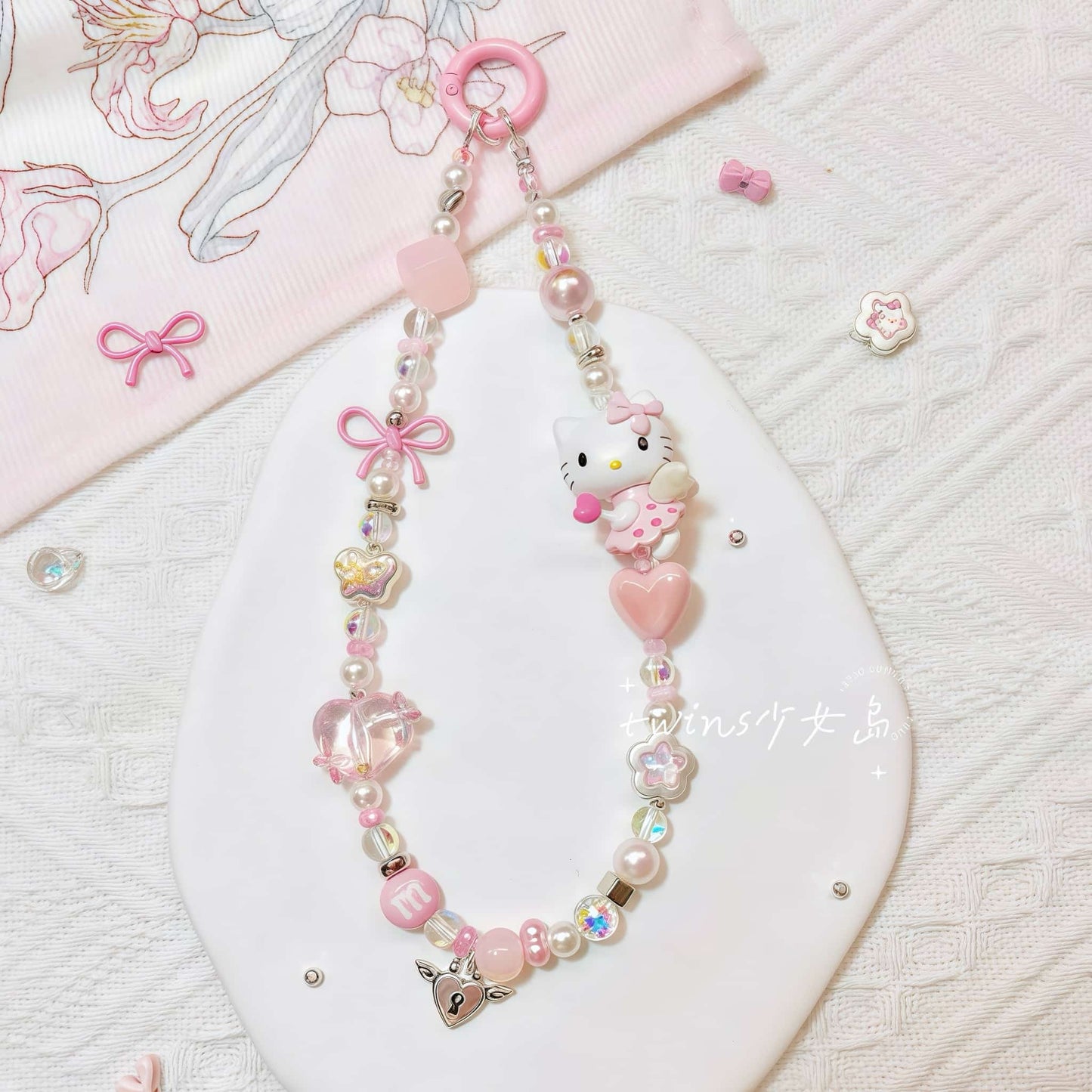 Pink Hello Kitty handmade keychain with baroque pearl charm strap