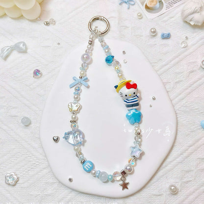 Handmade Hello Kitty keychain with crystal beads and pearl accents