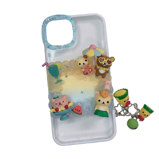 Handmade Y2K Rilakkuma decoden phone case featuring cream glue design with baroque-inspired embellishments and kawaii aesthetic