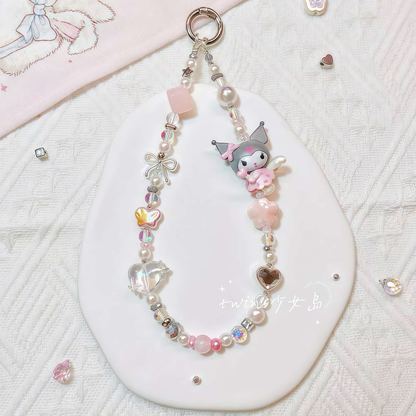 Handmade Kuromi phone chain with crystal beads charm strap