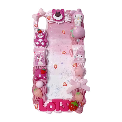 Pink Lotso and My Melody decoden phone case featuring dual character design with handcrafted cream glue details
